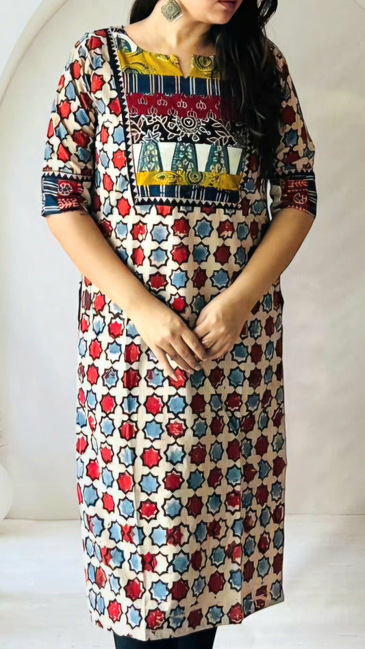 Kriya Cream Ajrakh Patchwork Cotton Kurti