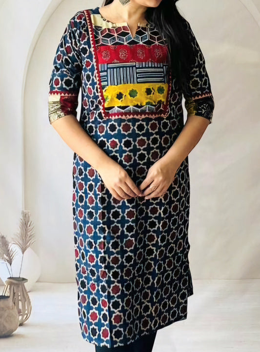 Kriya Indigo Ajrakh Patchwork Cotton Kurti