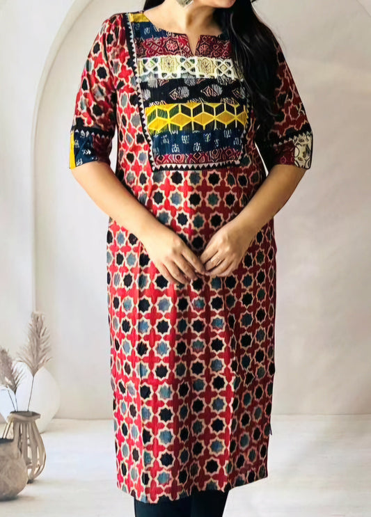 Kriya Maroon Ajrakh Patchwork Cotton Kurti
