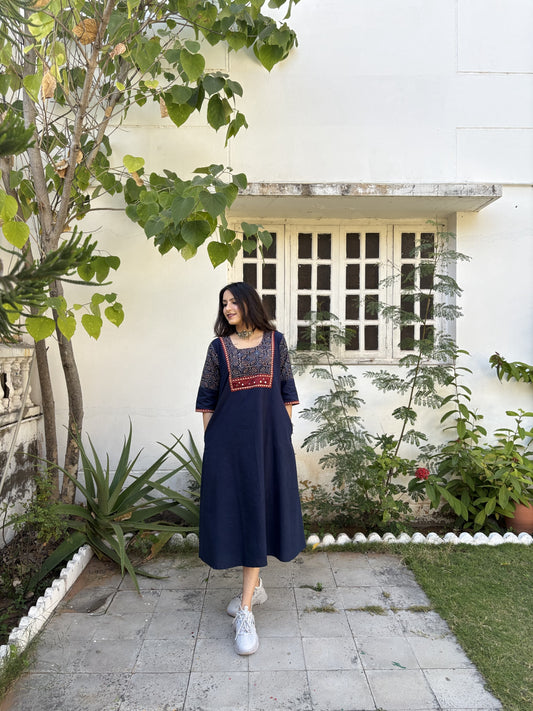 Tripti Blue Ajrakh Patchwork Sleeve & Neck Side Kurti With Pocket