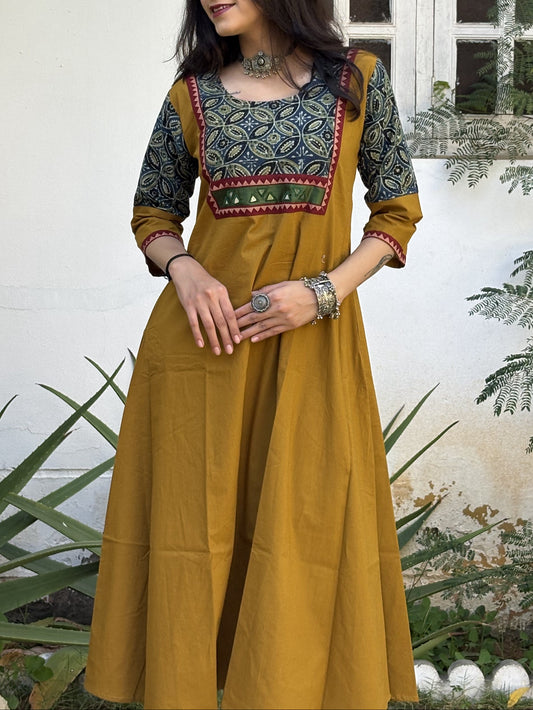 Tripti Mustard Ajrakh Patchwork Sleeve & Neck Side Kurti With Pocket
