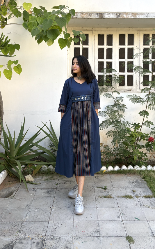 Priya Blue Plain Ajrakh Print Penal Mirror Border Work Cotton Kurti