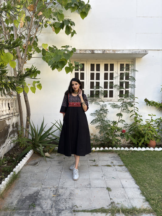 Tripti Black Ajrakh Patchwork Sleeve & Neck Side Kurti With Pocket