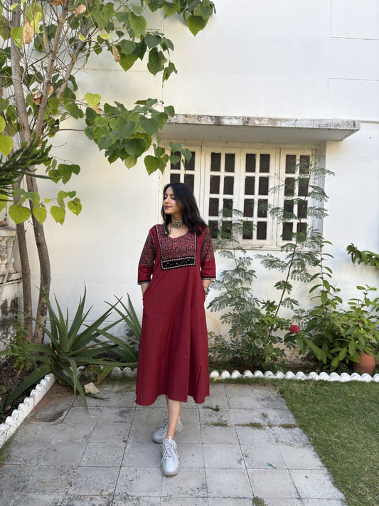 Tripti Maroon Ajrakh Patchwork Sleeve & Neck Side Kurti With Pocket