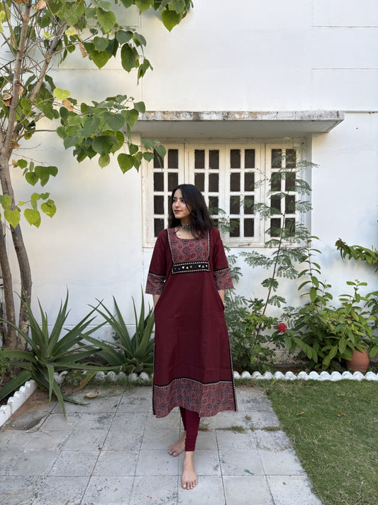 Eshita Maroon Ajrakh Patchwork Pocket Kurti