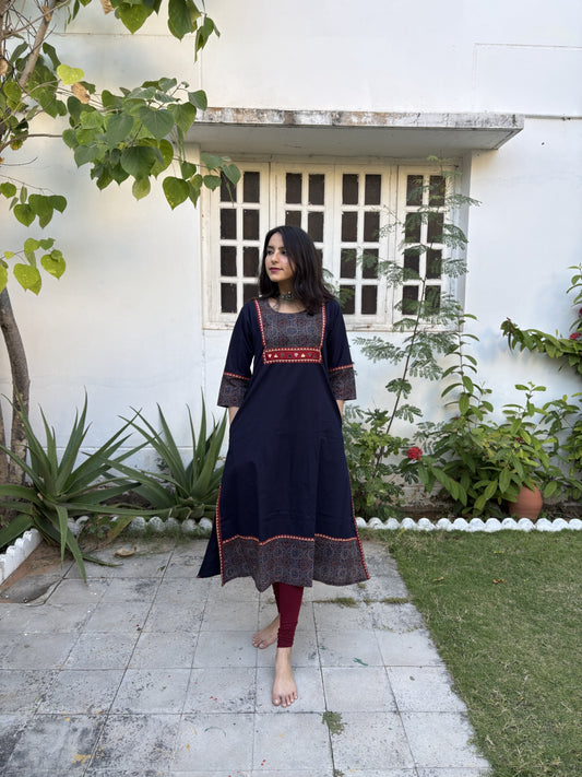 Eshita Blue Ajrakh Patchwork Pocket Kurti