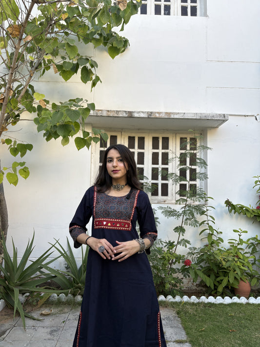 Eshita Blue Ajrakh Patchwork Pocket Kurti